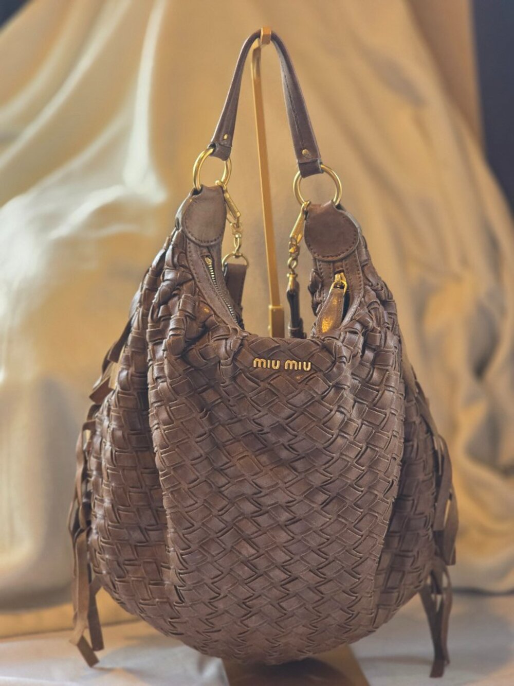 Miu Miu Woven Leather Fringe Hobo Shoulder Bag – Brown